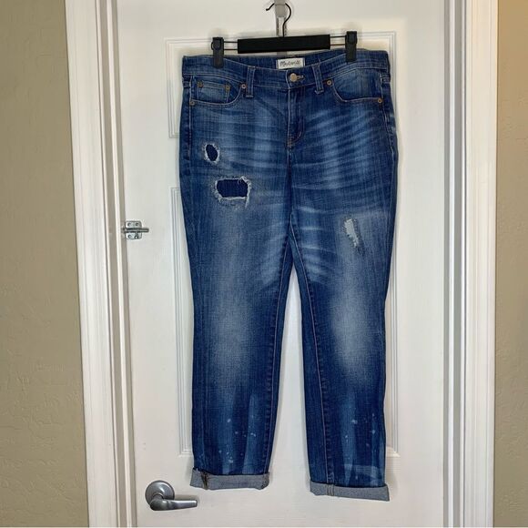 Madewell Slim Boyjean Rip and Repair Edition Distressed Bleach Stains Size 28 - Picture 1 of 13